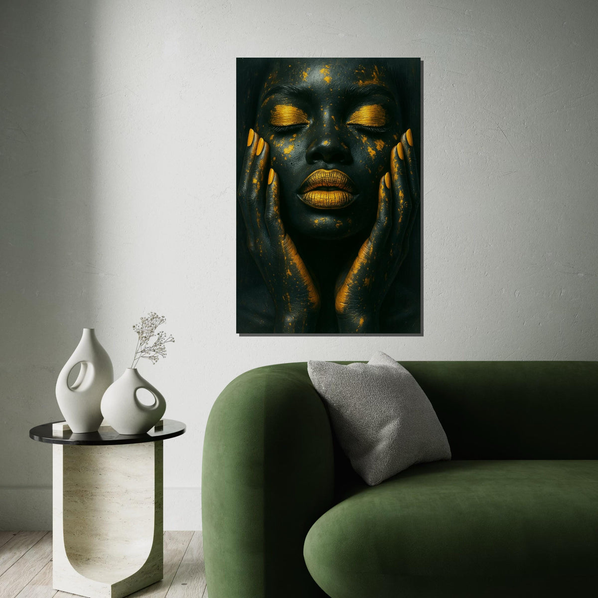 Black & Gold Glamour Face Canvas Print, Metallic Makeup Abstract Art,Luxury Beauty Portrait,High-Contrast Wall Decor,Oil-Effect Beauty Print