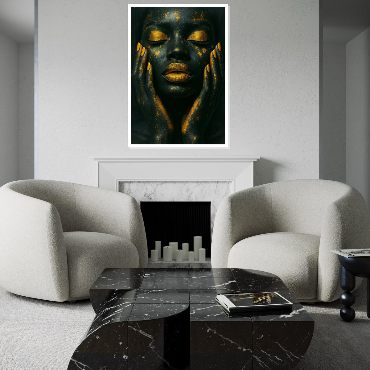 Black & Gold Glamour Face Canvas Print, Metallic Makeup Abstract Art,Luxury Beauty Portrait,High-Contrast Wall Decor,Oil-Effect Beauty Print