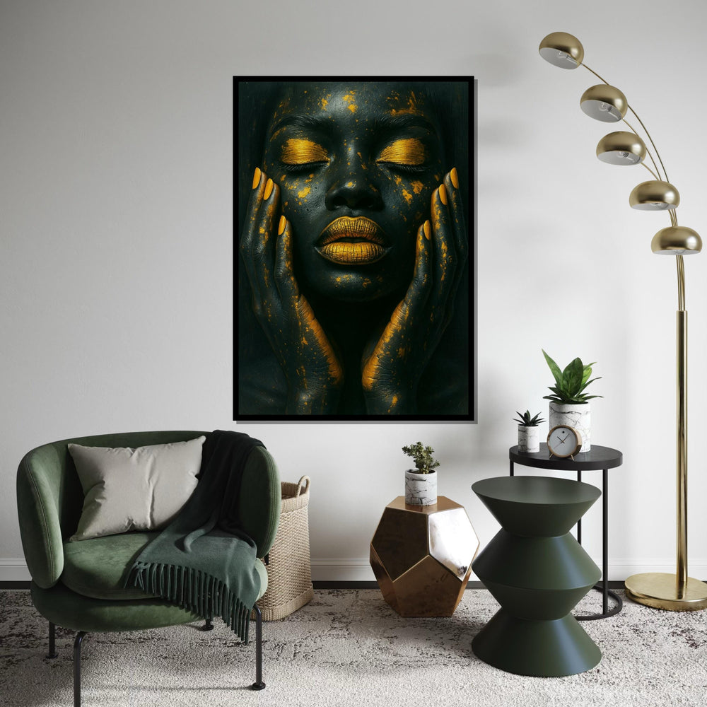 Black & Gold Glamour Face Canvas Print, Metallic Makeup Abstract Art,Luxury Beauty Portrait,High-Contrast Wall Decor,Oil-Effect Beauty Print