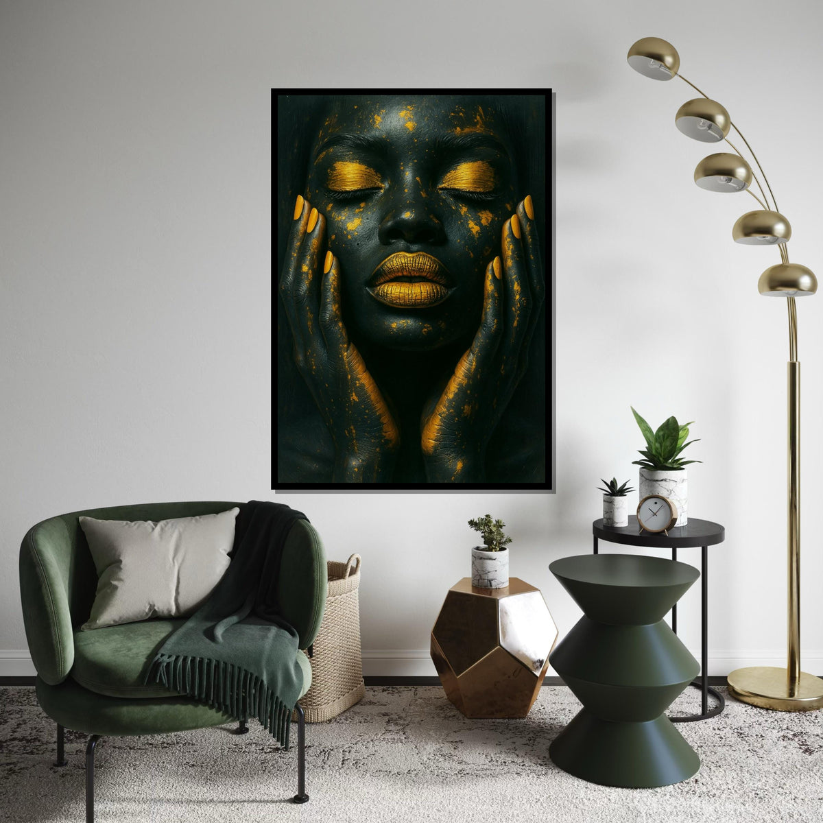 Black & Gold Glamour Face Canvas Print, Metallic Makeup Abstract Art,Luxury Beauty Portrait,High-Contrast Wall Decor,Oil-Effect Beauty Print