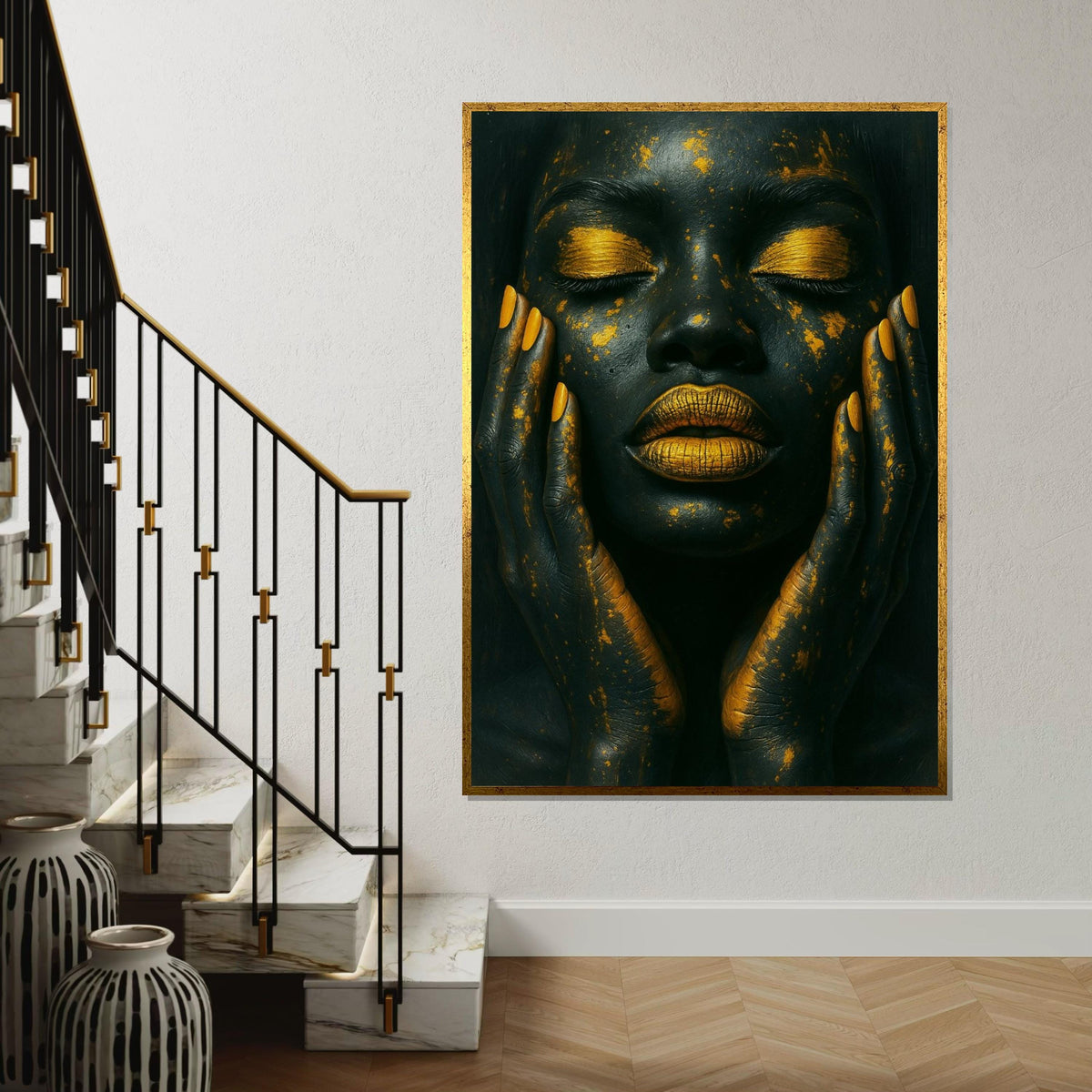 Black & Gold Glamour Face Canvas Print, Metallic Makeup Abstract Art,Luxury Beauty Portrait,High-Contrast Wall Decor,Oil-Effect Beauty Print