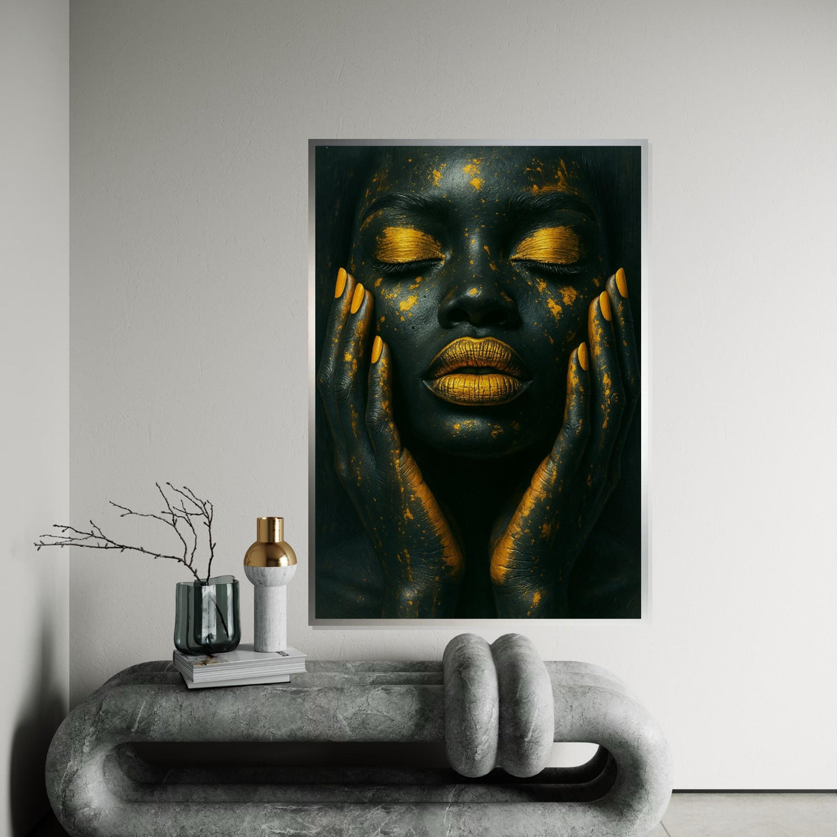 Black & Gold Glamour Face Canvas Print, Metallic Makeup Abstract Art,Luxury Beauty Portrait,High-Contrast Wall Decor,Oil-Effect Beauty Print