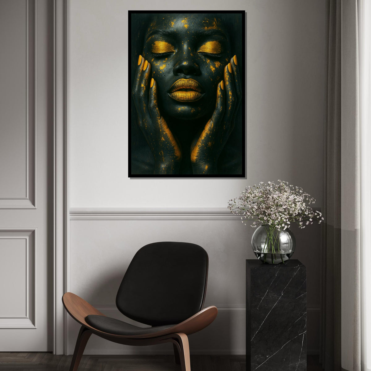 Black & Gold Glamour Face Canvas Print, Metallic Makeup Abstract Art,Luxury Beauty Portrait,High-Contrast Wall Decor,Oil-Effect Beauty Print