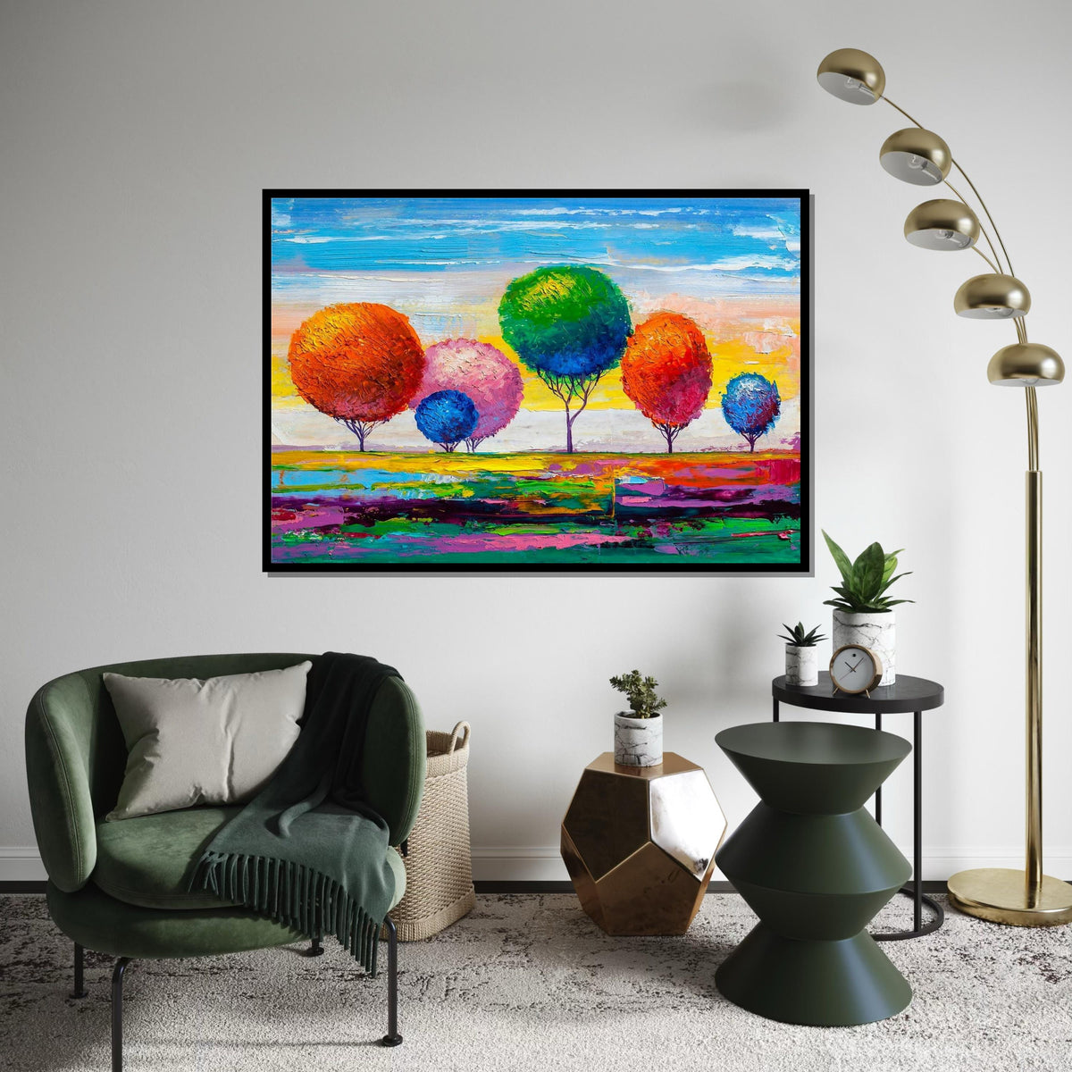 Rainbow Trees Abstract Landscape Canvas Print, Colorful Impasto-Style Forest Art, Modern Nature Wall Decor, Oil-Look Textured Painting Print