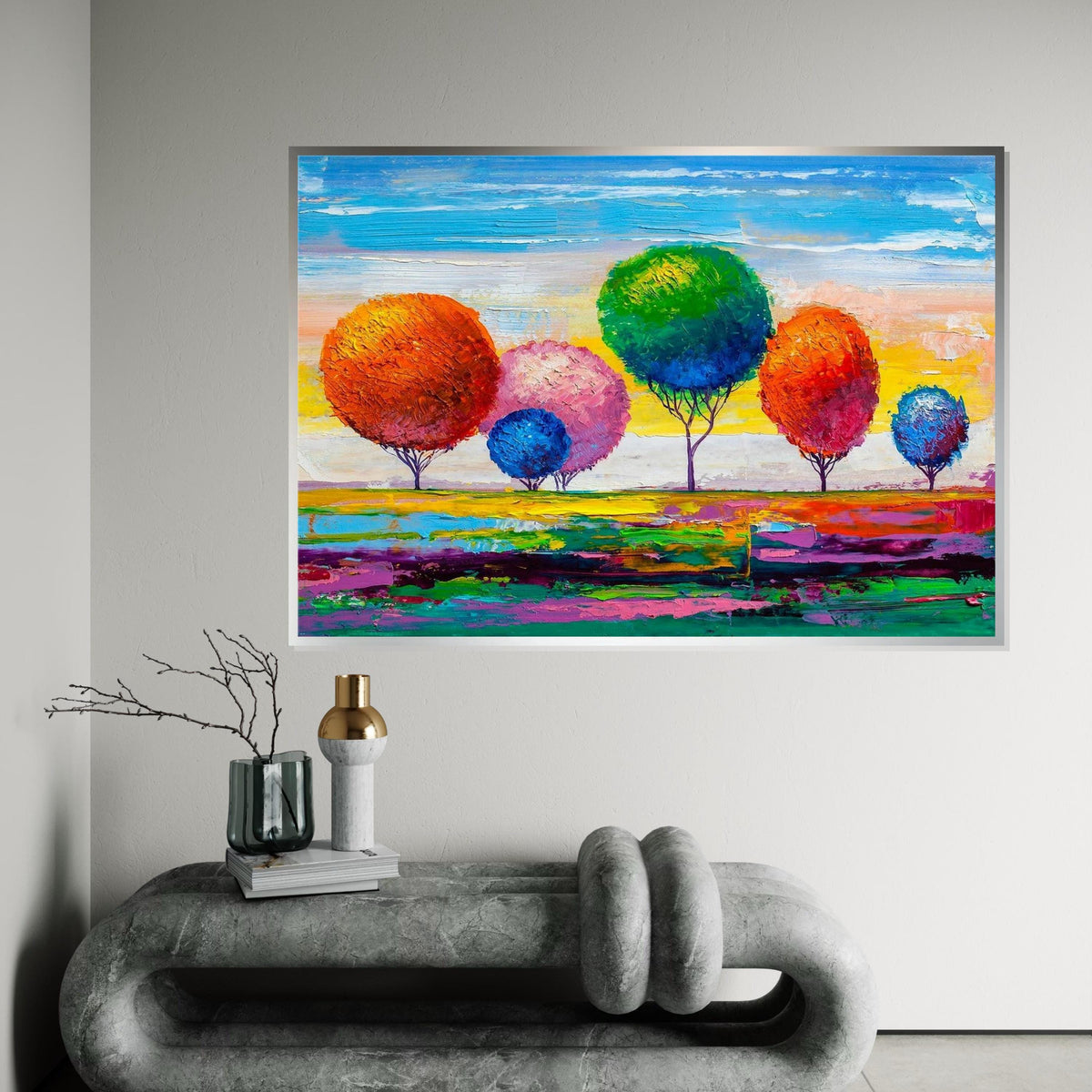 Rainbow Trees Abstract Landscape Canvas Print, Colorful Impasto-Style Forest Art, Modern Nature Wall Decor, Oil-Look Textured Painting Print