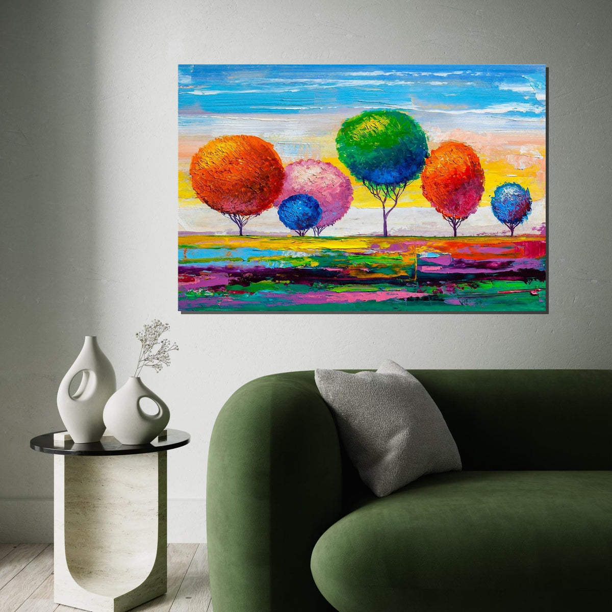 Rainbow Trees Abstract Landscape Canvas Print, Colorful Impasto-Style Forest Art, Modern Nature Wall Decor, Oil-Look Textured Painting Print