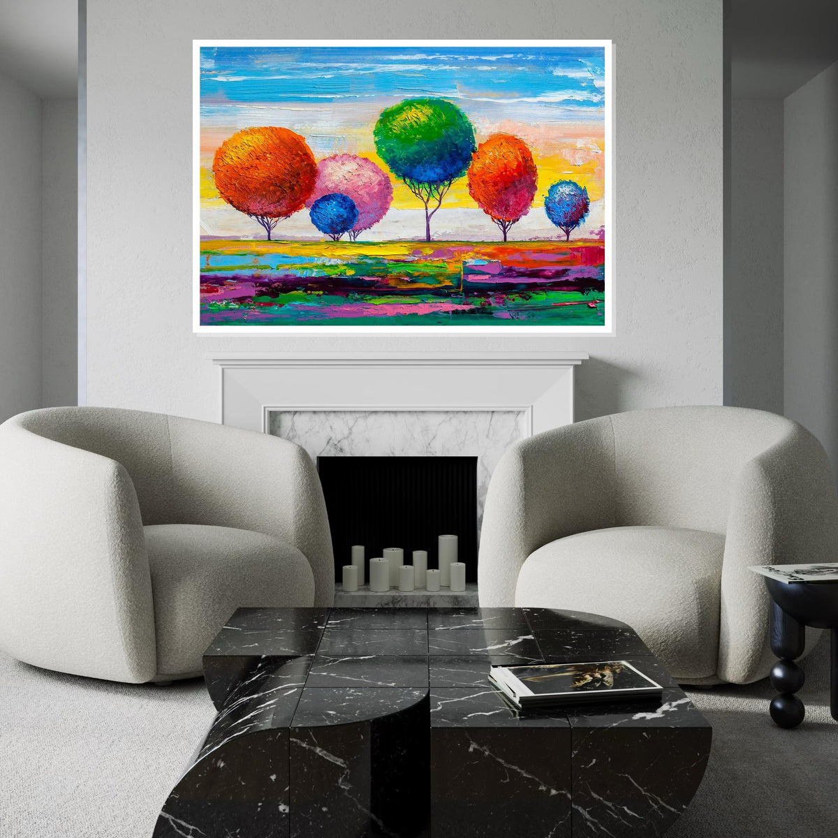Rainbow Trees Abstract Landscape Canvas Print, Colorful Impasto-Style Forest Art, Modern Nature Wall Decor, Oil-Look Textured Painting Print