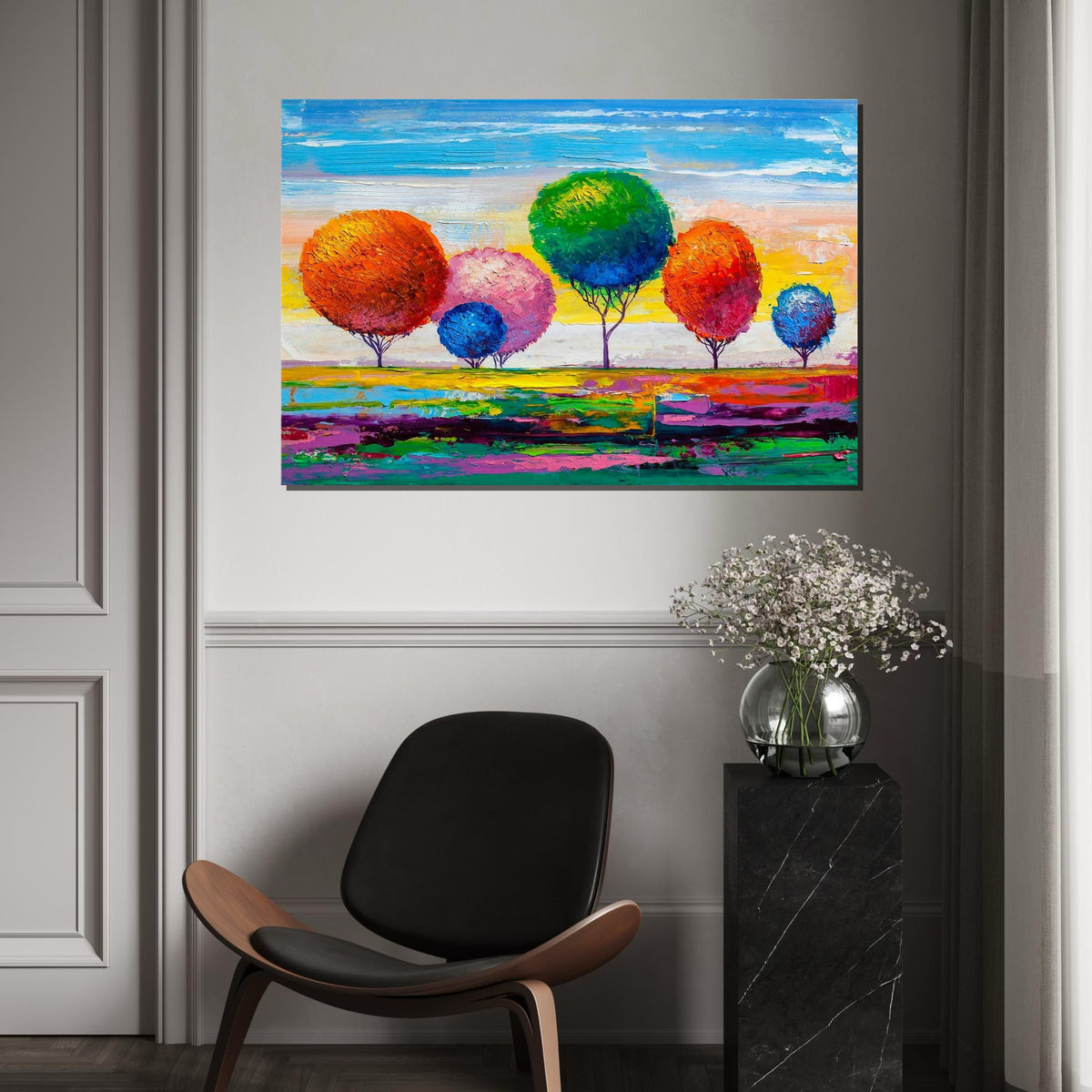 Rainbow Trees Abstract Landscape Canvas Print, Colorful Impasto-Style Forest Art, Modern Nature Wall Decor, Oil-Look Textured Painting Print