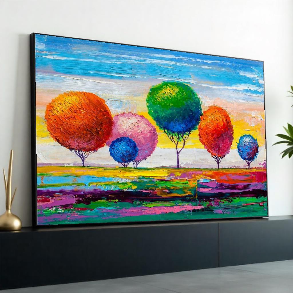 Rainbow Trees Abstract Landscape Canvas Print, Colorful Impasto-Style Forest Art, Modern Nature Wall Decor, Oil-Look Textured Painting Print