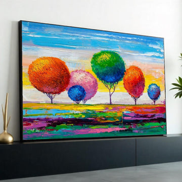 Rainbow Trees Abstract Landscape Canvas Print, Colorful Impasto-Style Forest Art, Modern Nature Wall Decor, Oil-Look Textured Painting Print