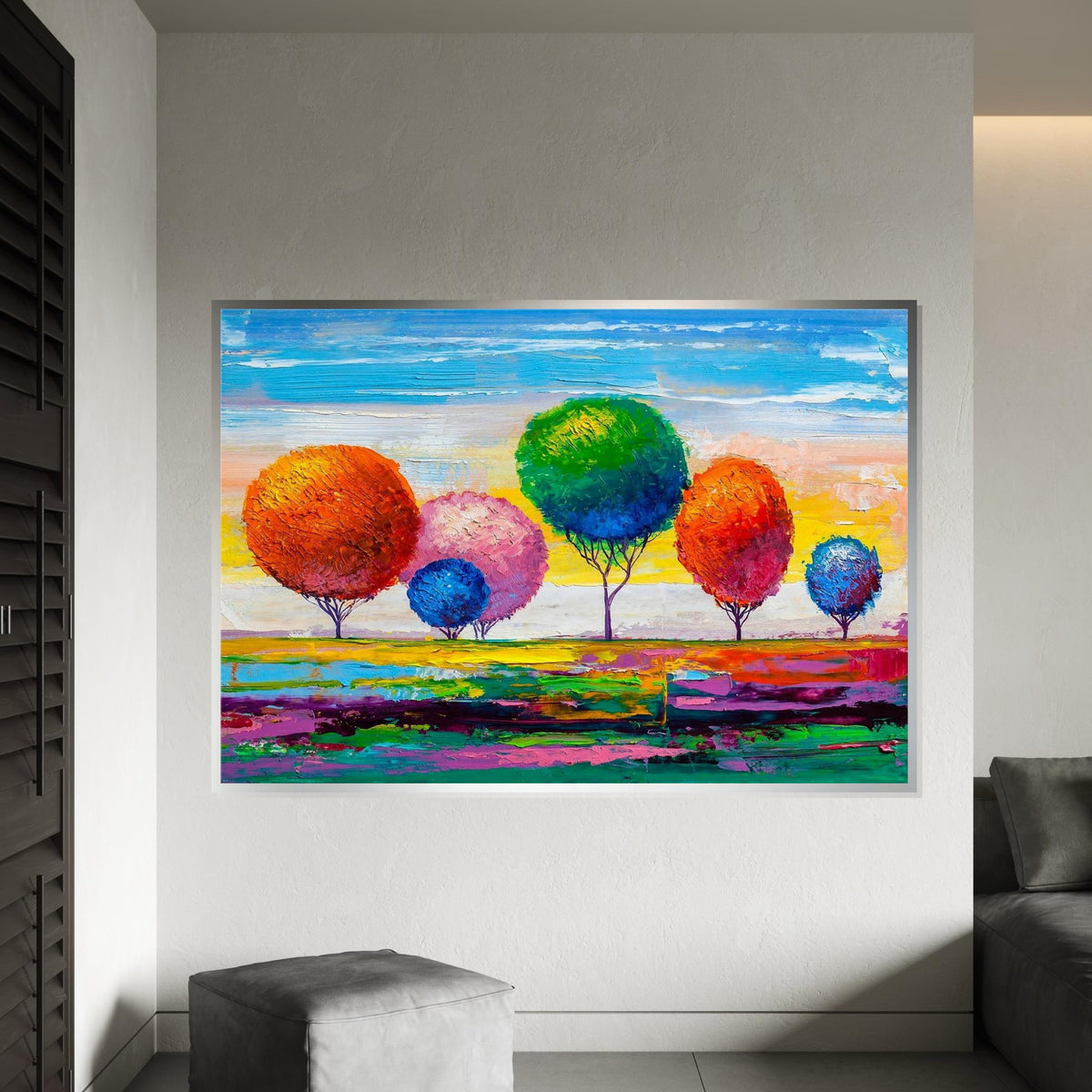 Rainbow Trees Abstract Landscape Canvas Print, Colorful Impasto-Style Forest Art, Modern Nature Wall Decor, Oil-Look Textured Painting Print