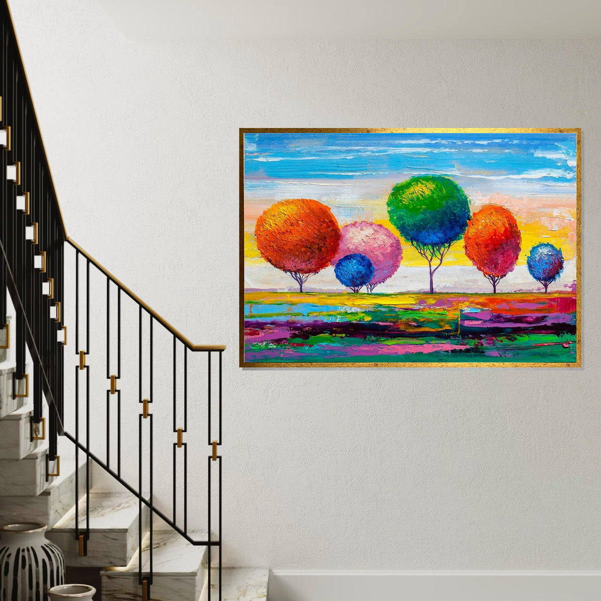 Rainbow Trees Abstract Landscape Canvas Print, Colorful Impasto-Style Forest Art, Modern Nature Wall Decor, Oil-Look Textured Painting Print