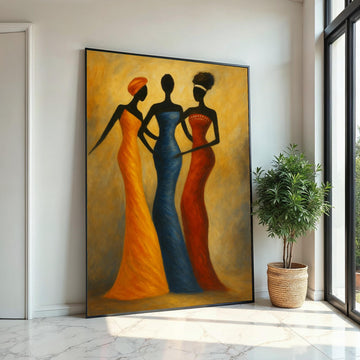 Three Silhouette Ladies Canvas Print,African Fashion Trio Art, Elegant Tribal Figure Painting,Modern Ethnic Wall Decor, Minimalist Print
