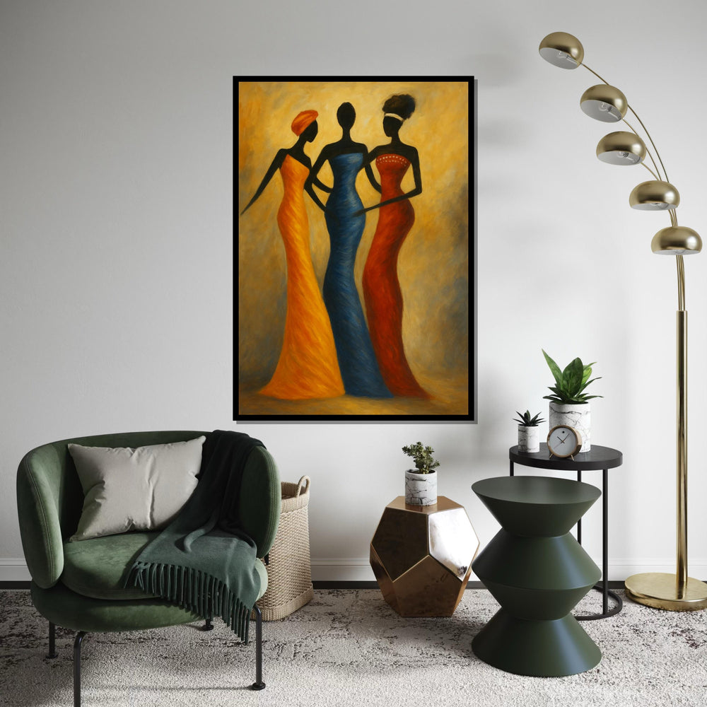 Three Silhouette Ladies Canvas Print,African Fashion Trio Art, Elegant Tribal Figure Painting,Modern Ethnic Wall Decor, Minimalist Print