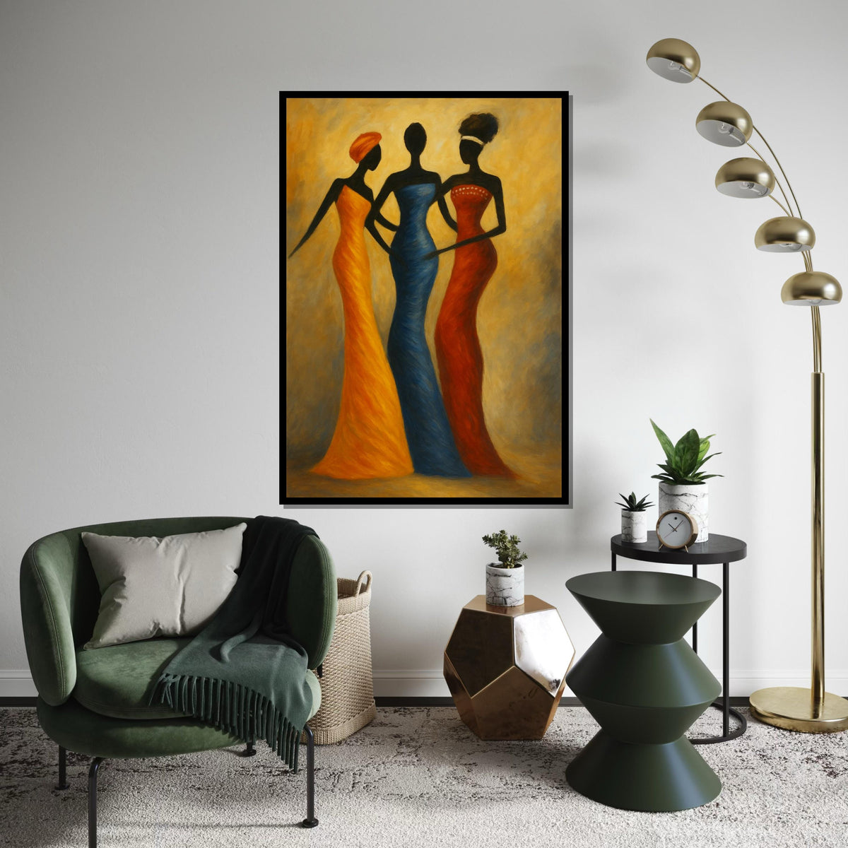 Three Silhouette Ladies Canvas Print,African Fashion Trio Art, Elegant Tribal Figure Painting,Modern Ethnic Wall Decor, Minimalist Print