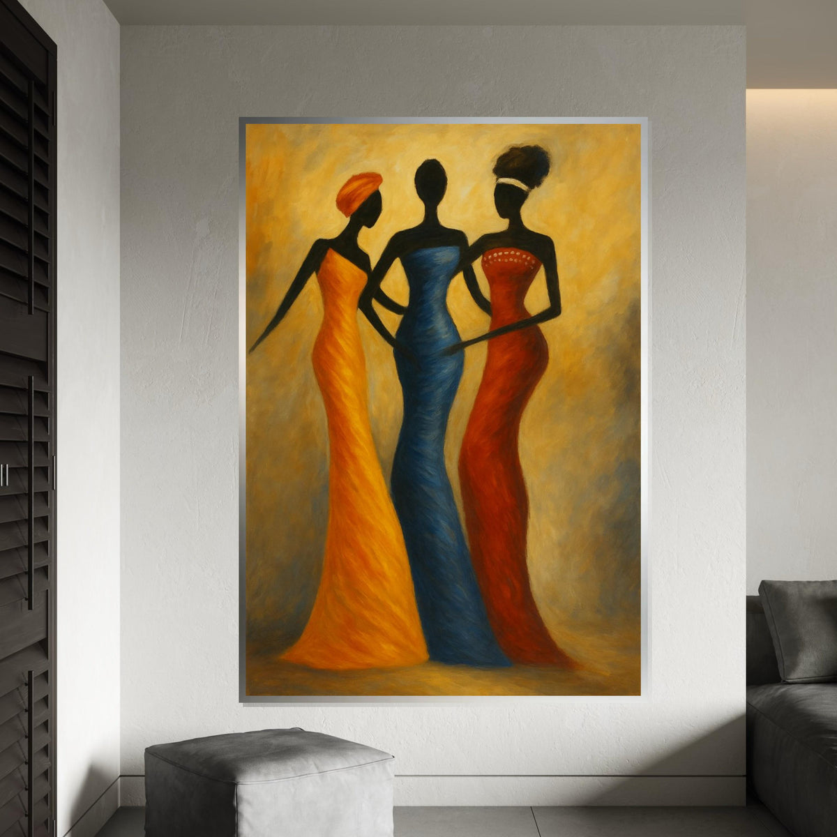 Three Silhouette Ladies Canvas Print,African Fashion Trio Art, Elegant Tribal Figure Painting,Modern Ethnic Wall Decor, Minimalist Print