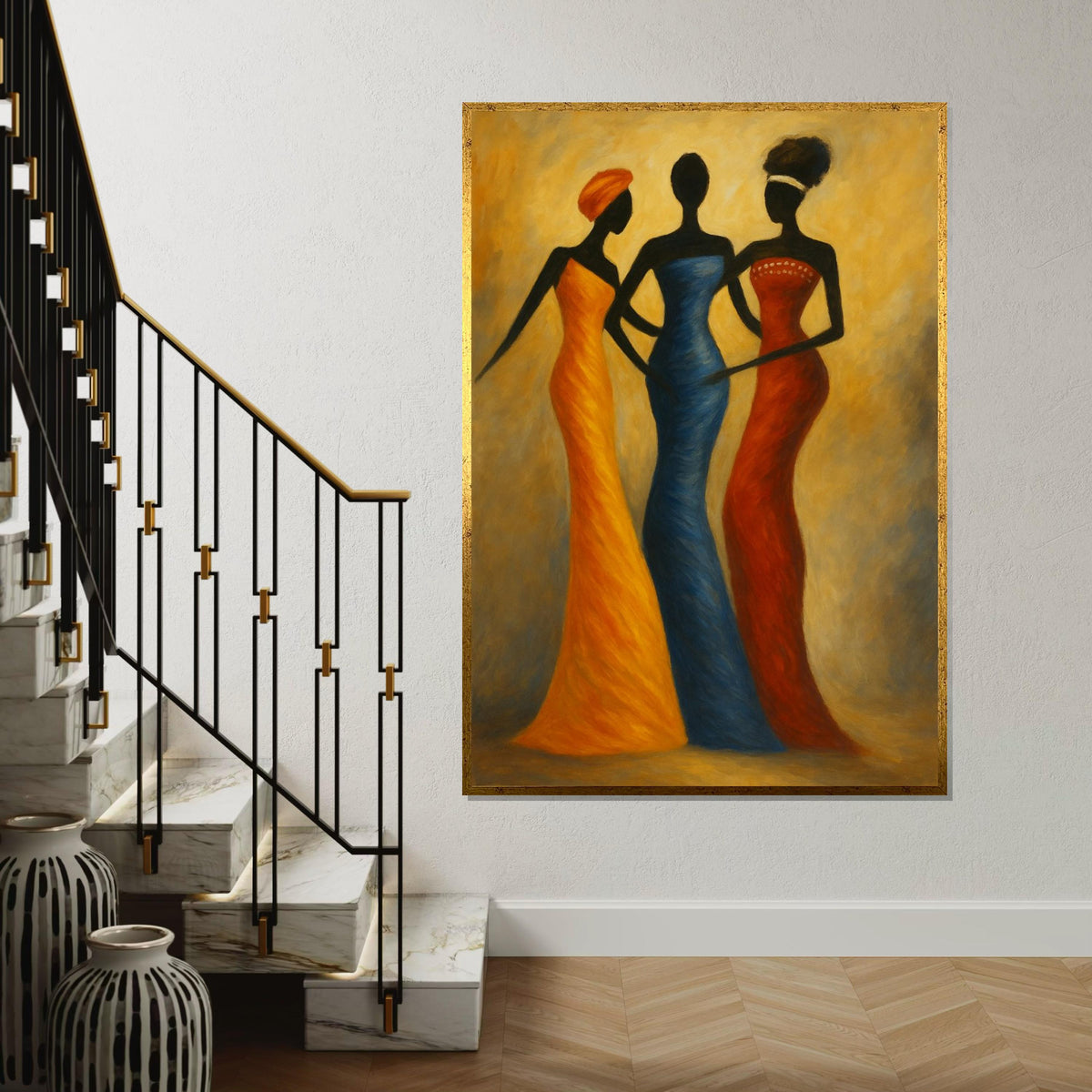 Three Silhouette Ladies Canvas Print,African Fashion Trio Art, Elegant Tribal Figure Painting,Modern Ethnic Wall Decor, Minimalist Print