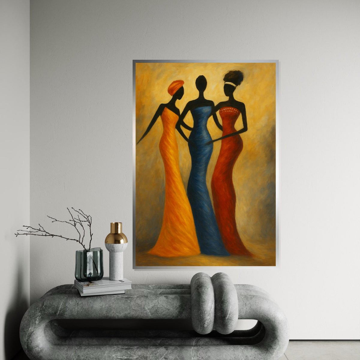 Three Silhouette Ladies Canvas Print,African Fashion Trio Art, Elegant Tribal Figure Painting,Modern Ethnic Wall Decor, Minimalist Print