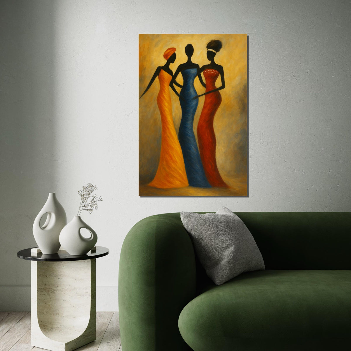Three Silhouette Ladies Canvas Print,African Fashion Trio Art, Elegant Tribal Figure Painting,Modern Ethnic Wall Decor, Minimalist Print