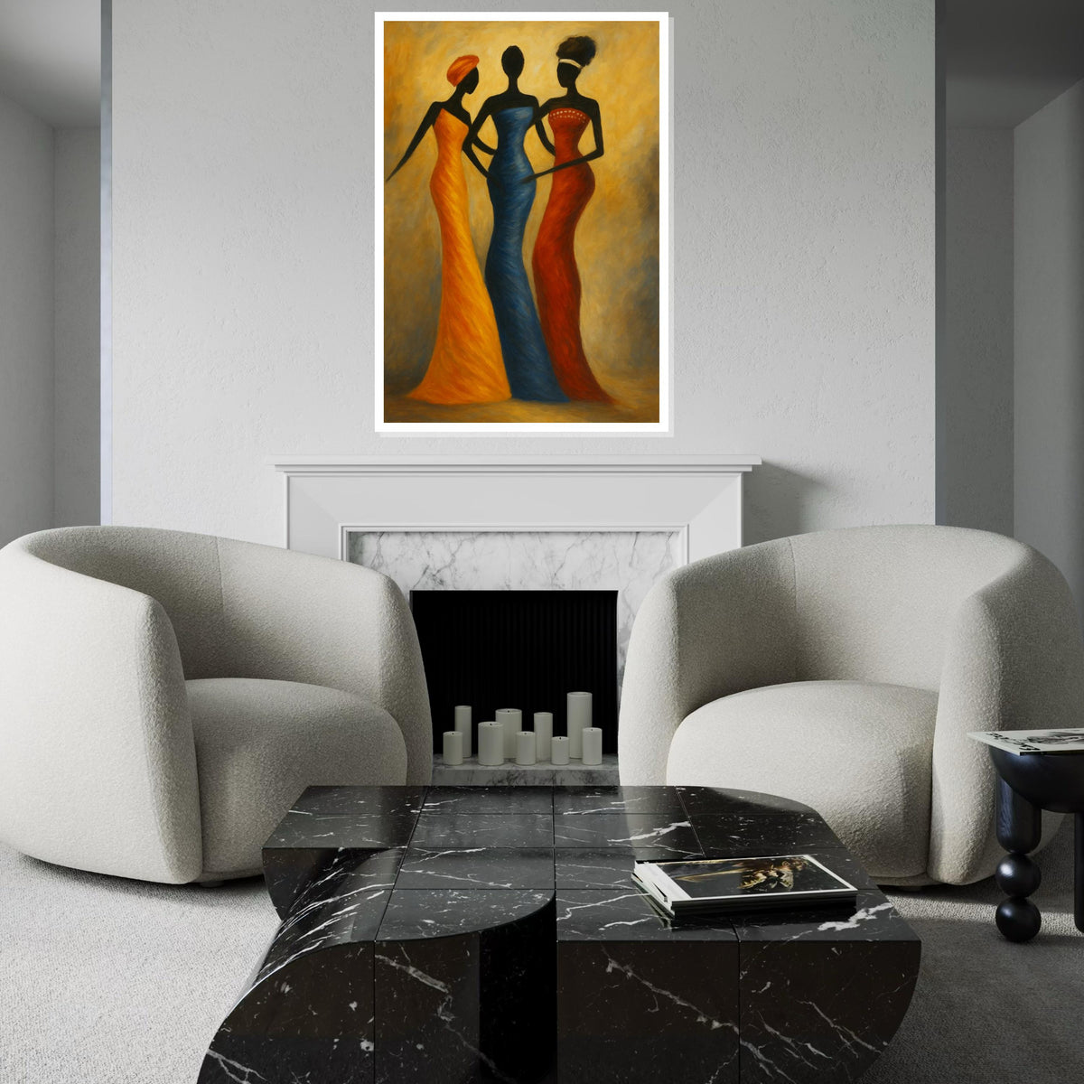 Three Silhouette Ladies Canvas Print,African Fashion Trio Art, Elegant Tribal Figure Painting,Modern Ethnic Wall Decor, Minimalist Print