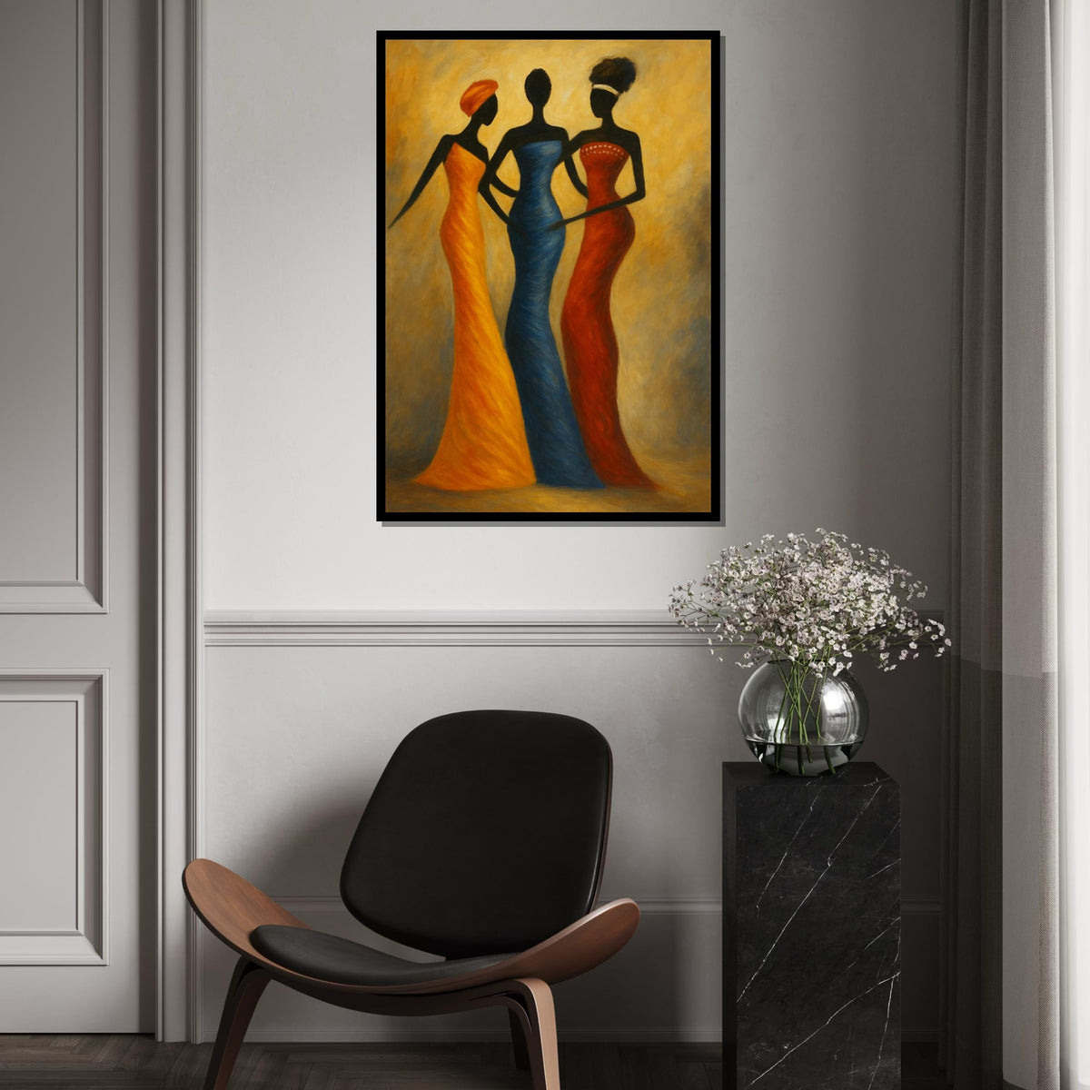 Three Silhouette Ladies Canvas Print,African Fashion Trio Art, Elegant Tribal Figure Painting,Modern Ethnic Wall Decor, Minimalist Print