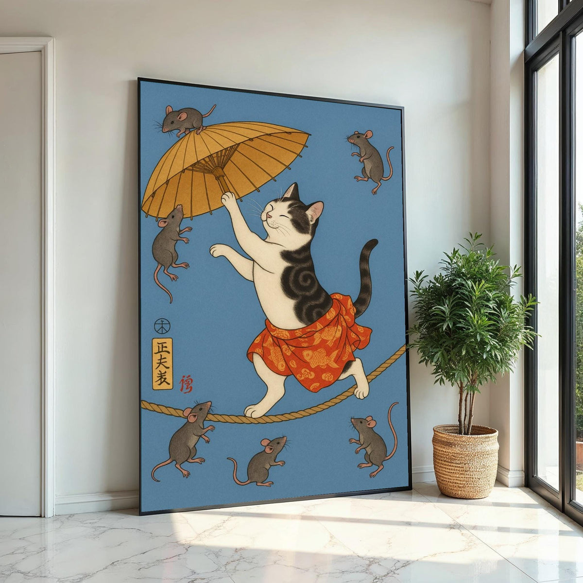 Whimsical Japanese Cat and Mice Umbrella Canvas Print, Ukiyo-e Style Feline Tightrope Art, Whimsical Animal Wall Decor