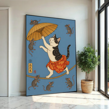 Whimsical Japanese Cat and Mice Umbrella Canvas Print, Ukiyo-e Style Feline Tightrope Art, Whimsical Animal Wall Decor