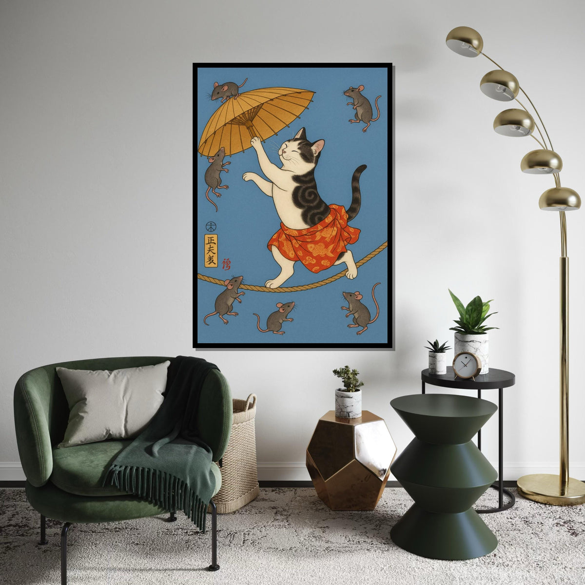 Whimsical Japanese Cat and Mice Umbrella Canvas Print, Ukiyo-e Style Feline Tightrope Art, Whimsical Animal Wall Decor