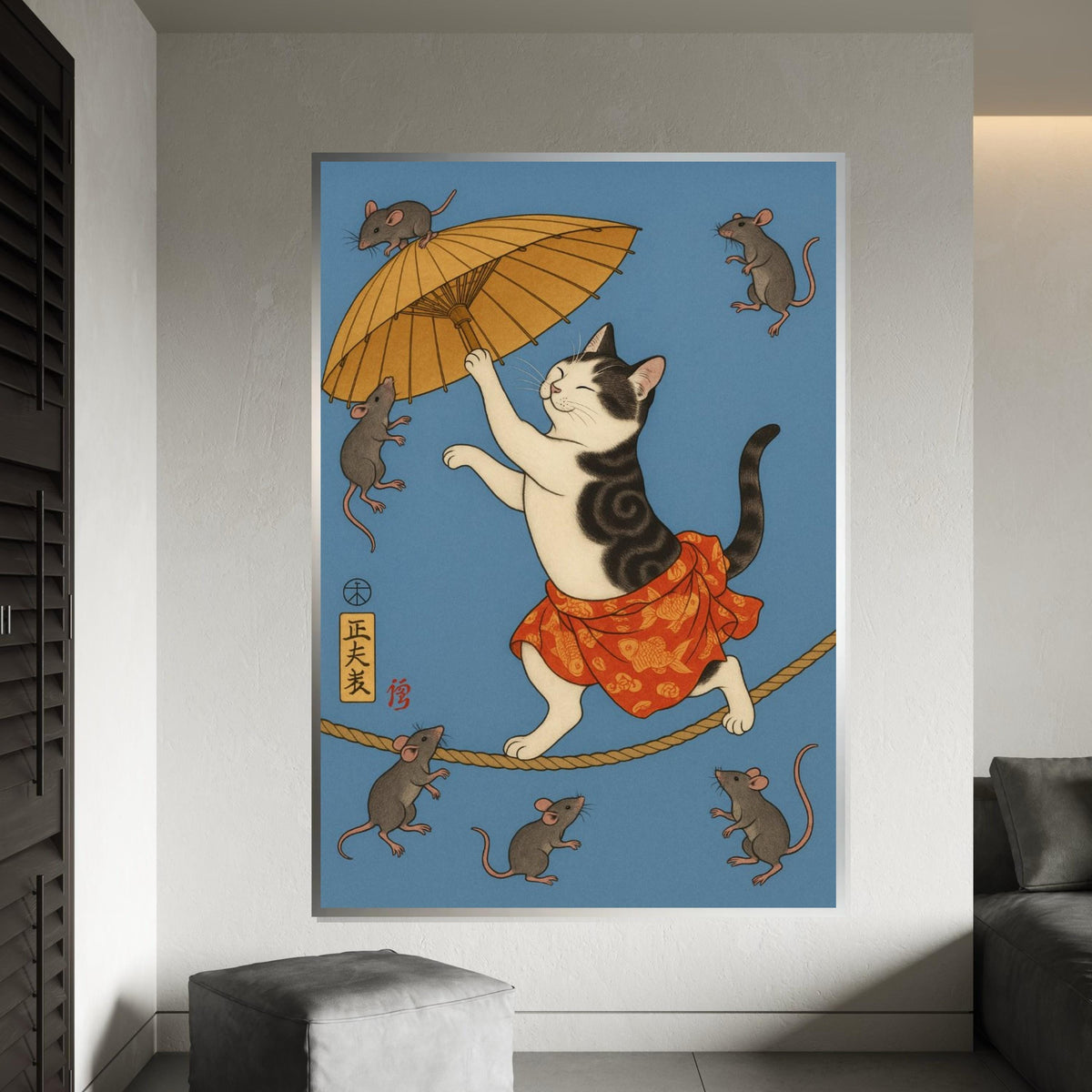 Whimsical Japanese Cat and Mice Umbrella Canvas Print, Ukiyo-e Style Feline Tightrope Art, Whimsical Animal Wall Decor