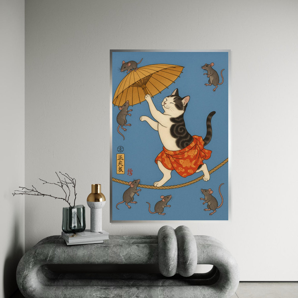 Whimsical Japanese Cat and Mice Umbrella Canvas Print, Ukiyo-e Style Feline Tightrope Art, Whimsical Animal Wall Decor