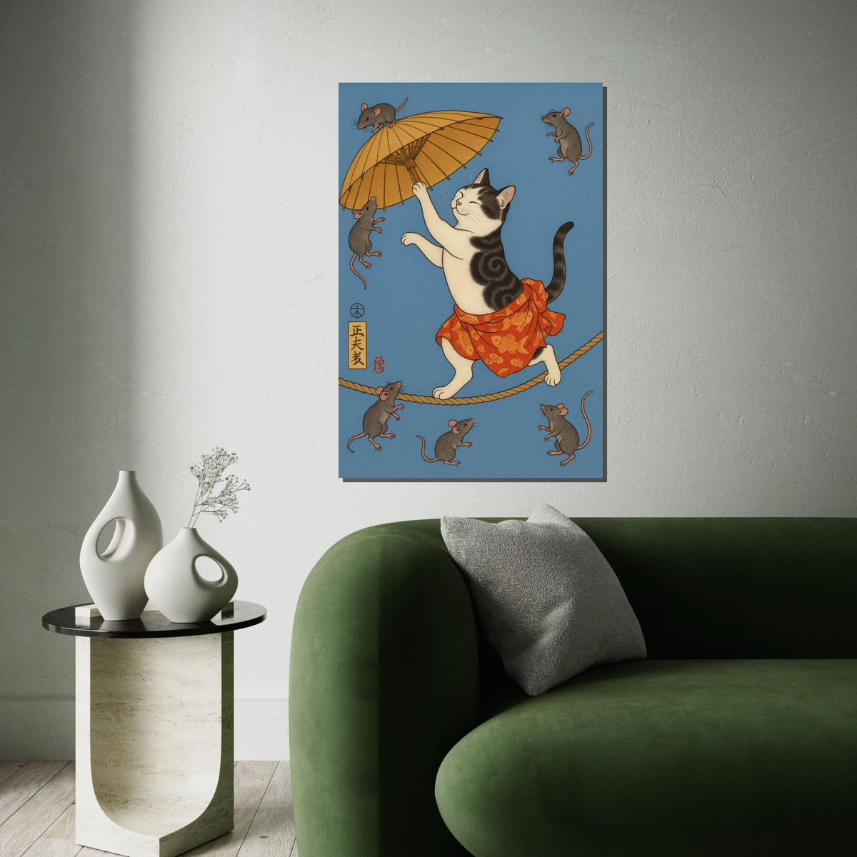 Whimsical Japanese Cat and Mice Umbrella Canvas Print, Ukiyo-e Style Feline Tightrope Art, Whimsical Animal Wall Decor