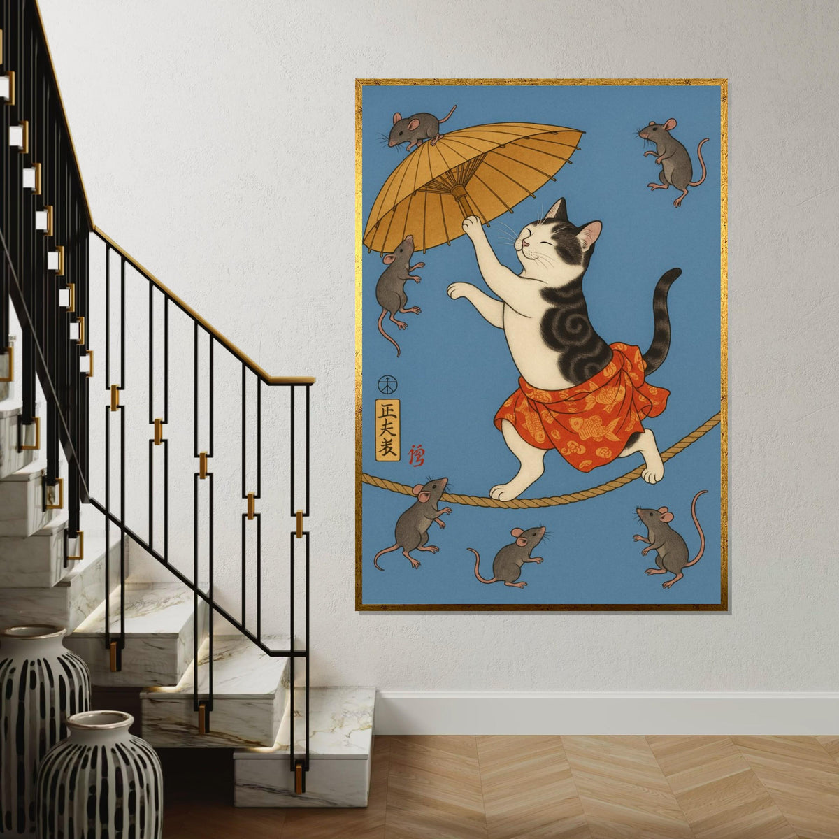Whimsical Japanese Cat and Mice Umbrella Canvas Print, Ukiyo-e Style Feline Tightrope Art, Whimsical Animal Wall Decor