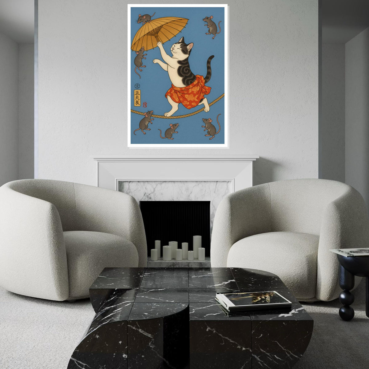 Whimsical Japanese Cat and Mice Umbrella Canvas Print, Ukiyo-e Style Feline Tightrope Art, Whimsical Animal Wall Decor