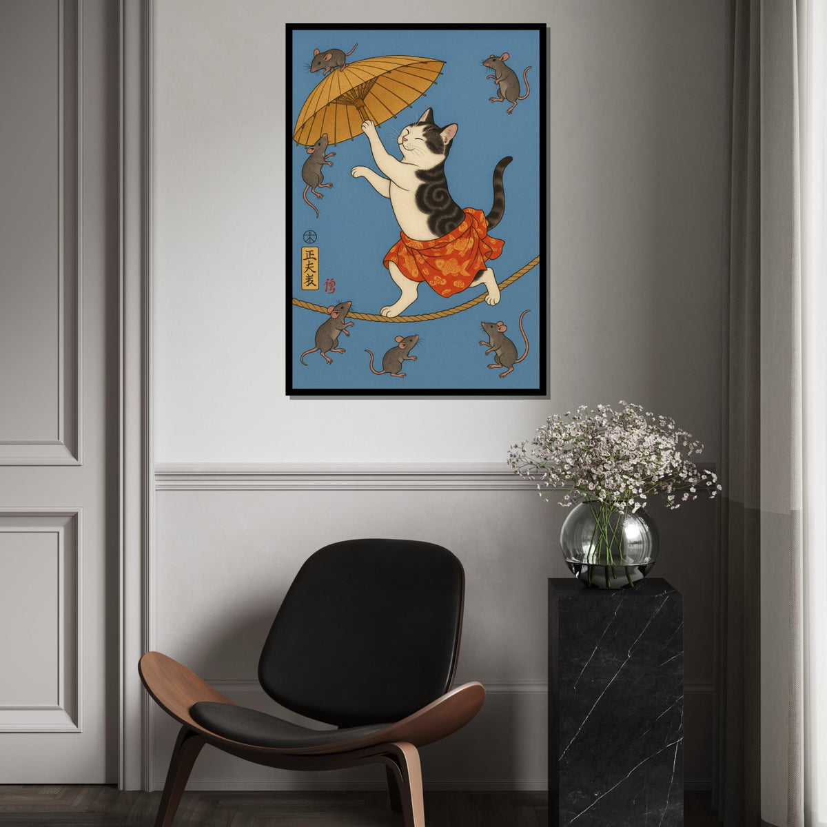 Whimsical Japanese Cat and Mice Umbrella Canvas Print, Ukiyo-e Style Feline Tightrope Art, Whimsical Animal Wall Decor
