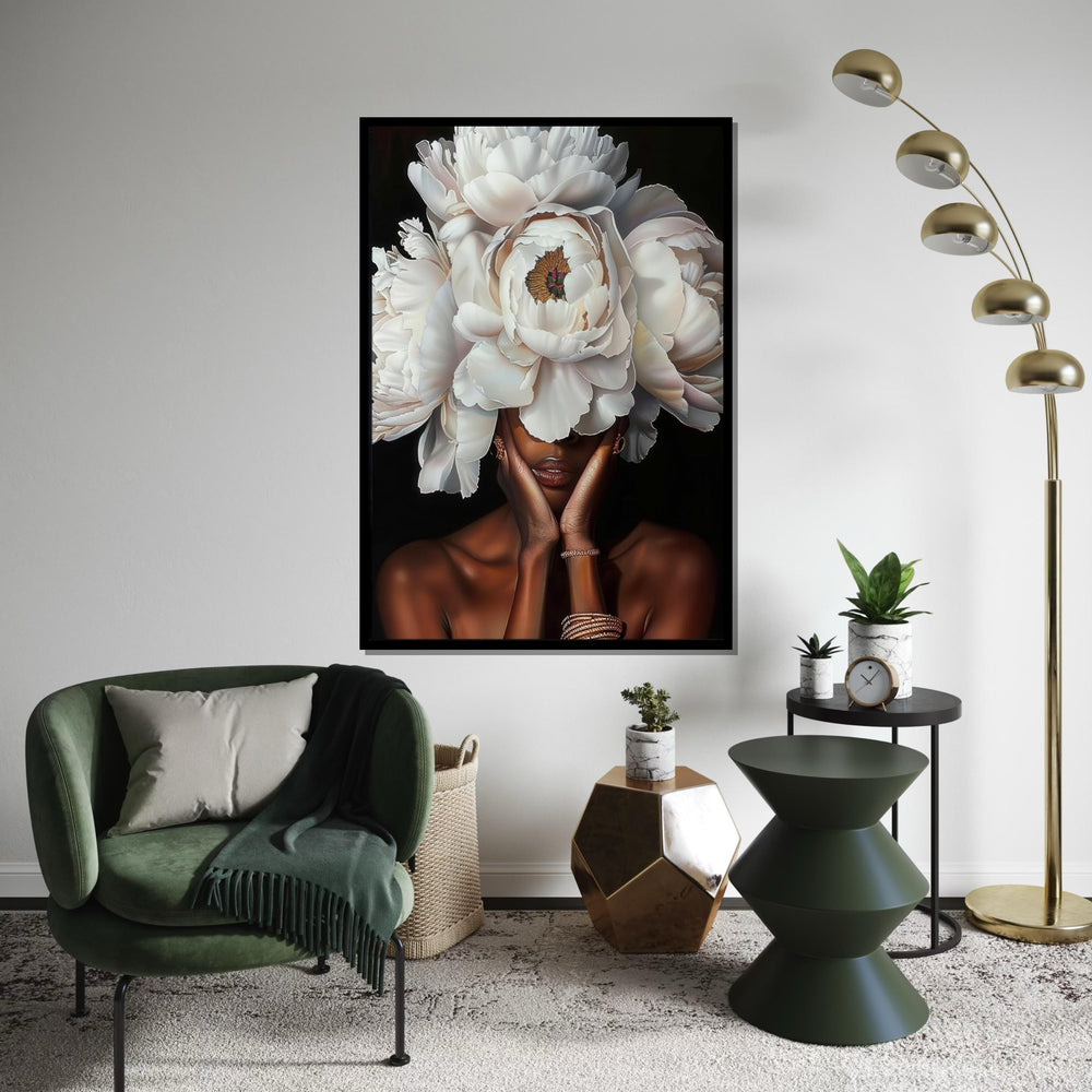 White Peony Headdress Woman Canvas Print,Floral Portrait Art,High-Detail Botanical,Fashion Fusion,Modern Glamour Wall Decor,Oil-Effect Print