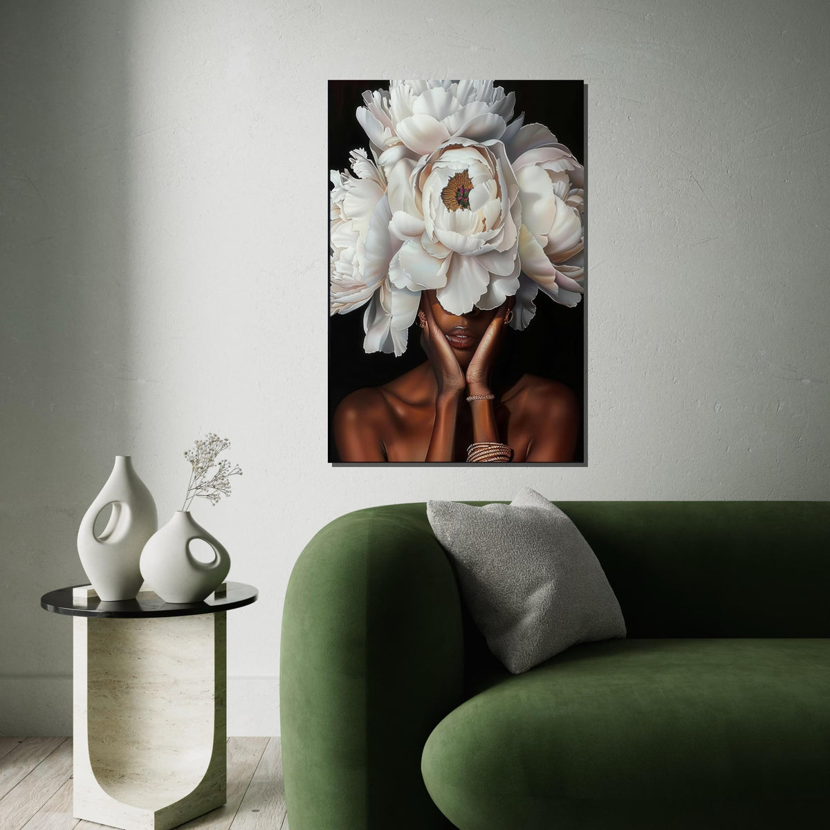White Peony Headdress Woman Canvas Print,Floral Portrait Art,High-Detail Botanical,Fashion Fusion,Modern Glamour Wall Decor,Oil-Effect Print