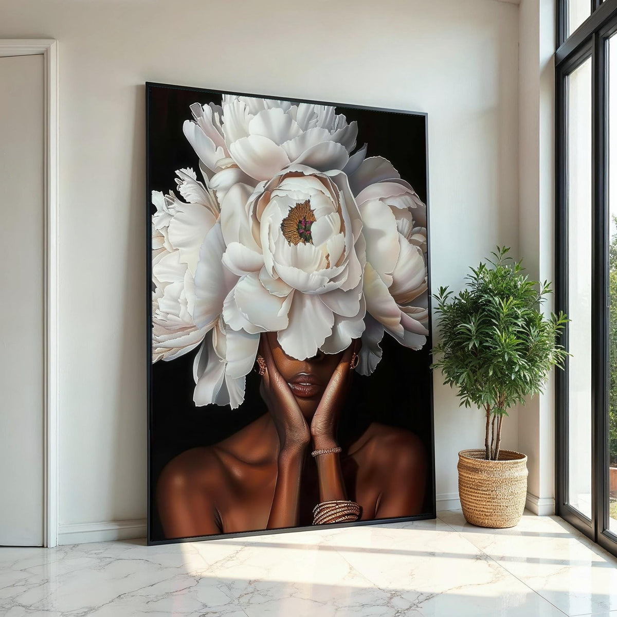White Peony Headdress Woman Canvas Print,Floral Portrait Art,High-Detail Botanical,Fashion Fusion,Modern Glamour Wall Decor,Oil-Effect Print