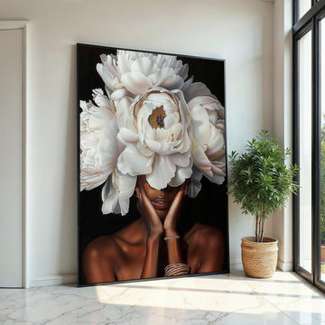White Peony Headdress Woman Canvas Print,Floral Portrait Art,High-Detail Botanical,Fashion Fusion,Modern Glamour Wall Decor,Oil-Effect Print
