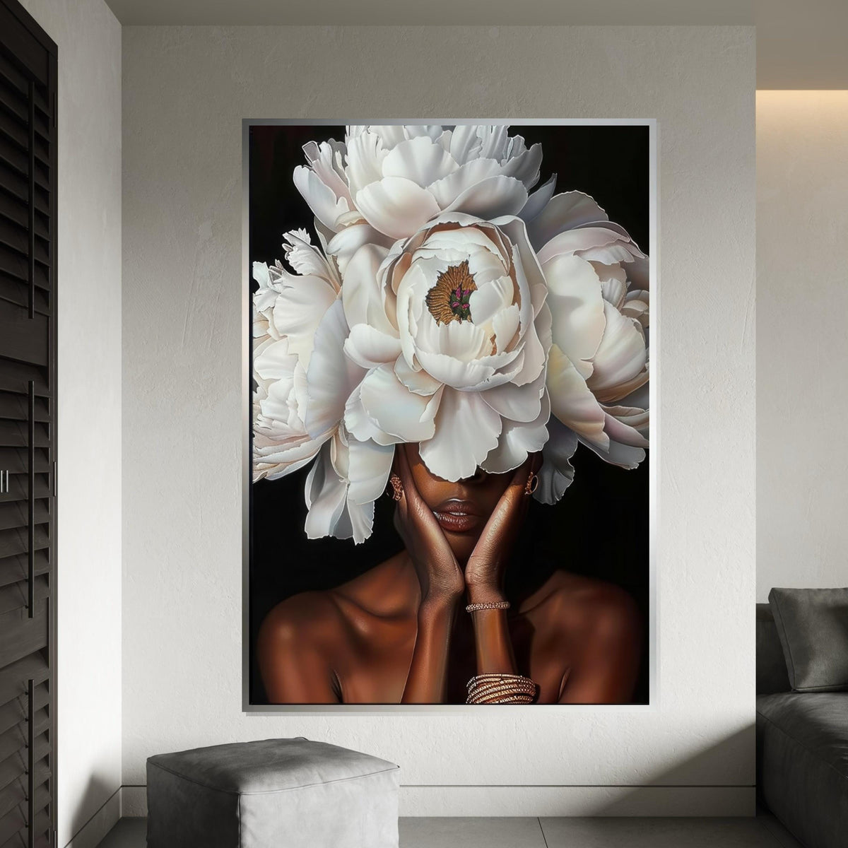 White Peony Headdress Woman Canvas Print,Floral Portrait Art,High-Detail Botanical,Fashion Fusion,Modern Glamour Wall Decor,Oil-Effect Print