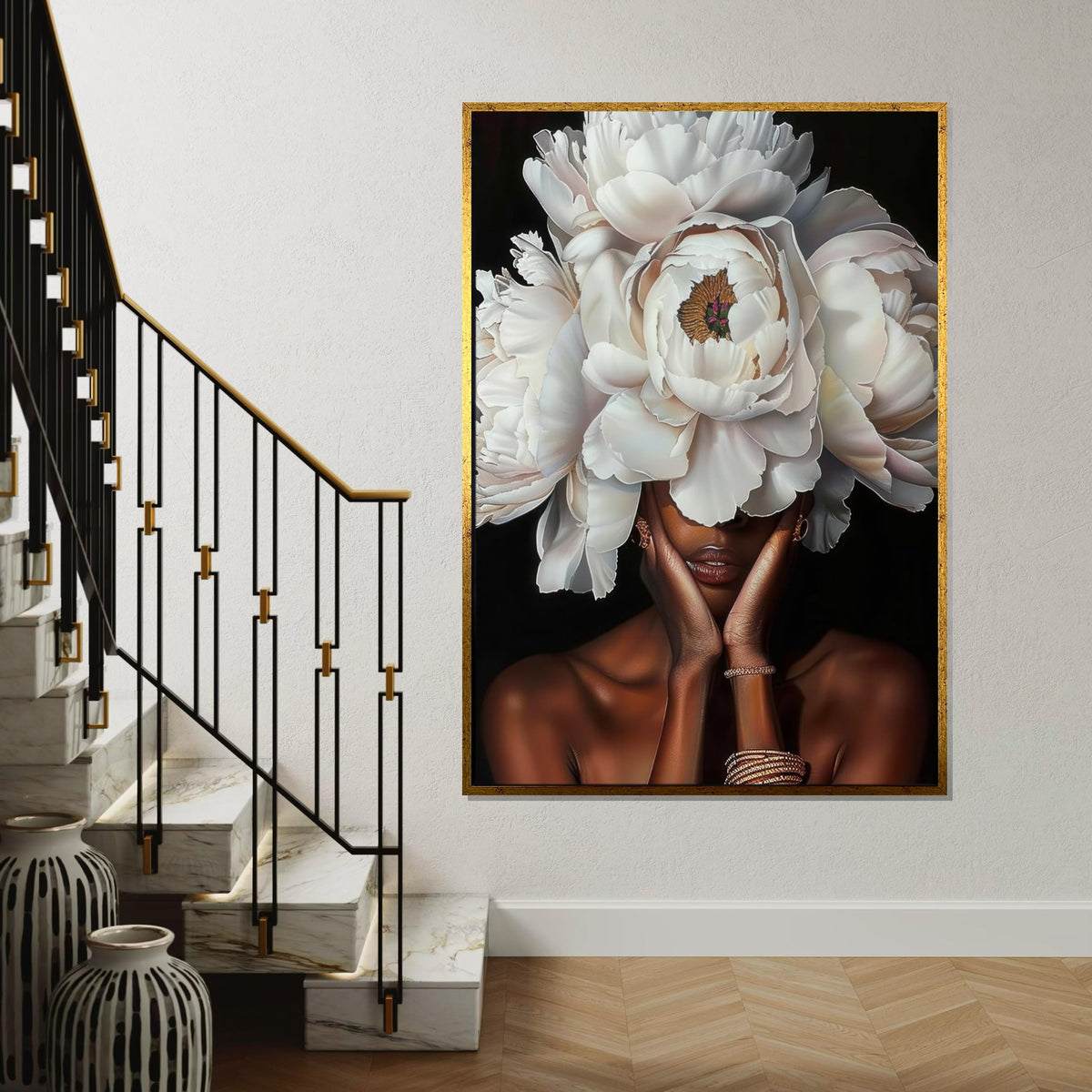 White Peony Headdress Woman Canvas Print,Floral Portrait Art,High-Detail Botanical,Fashion Fusion,Modern Glamour Wall Decor,Oil-Effect Print