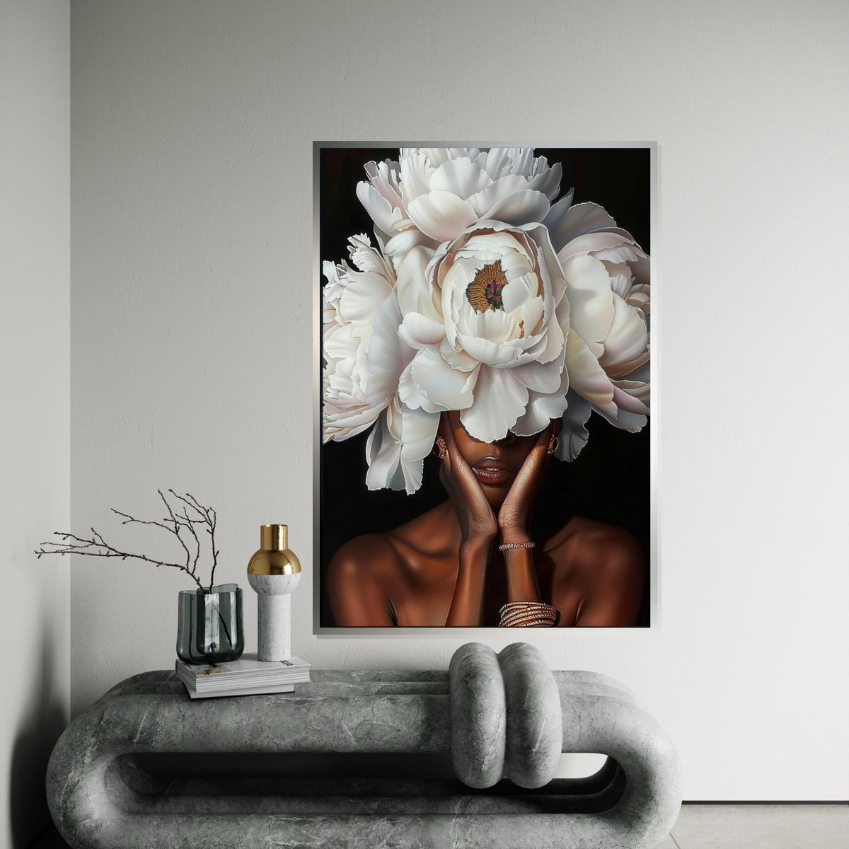 White Peony Headdress Woman Canvas Print,Floral Portrait Art,High-Detail Botanical,Fashion Fusion,Modern Glamour Wall Decor,Oil-Effect Print