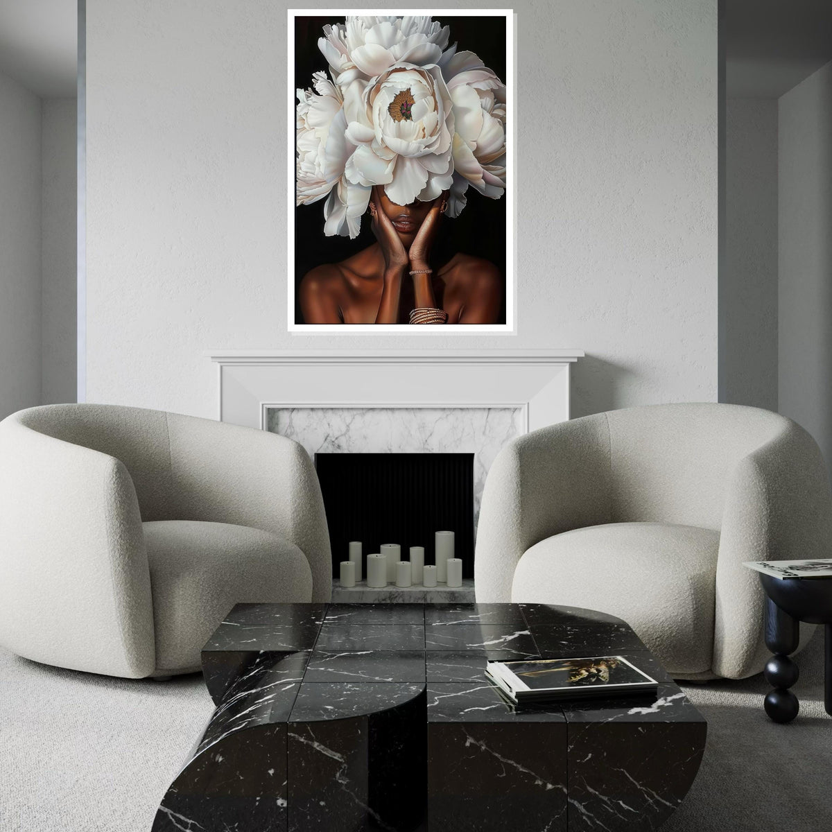 White Peony Headdress Woman Canvas Print,Floral Portrait Art,High-Detail Botanical,Fashion Fusion,Modern Glamour Wall Decor,Oil-Effect Print