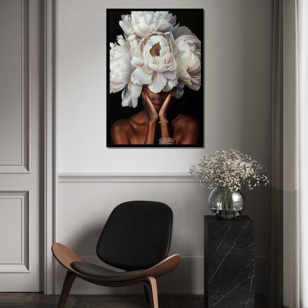 White Peony Headdress Woman Canvas Print,Floral Portrait Art,High-Detail Botanical,Fashion Fusion,Modern Glamour Wall Decor,Oil-Effect Print