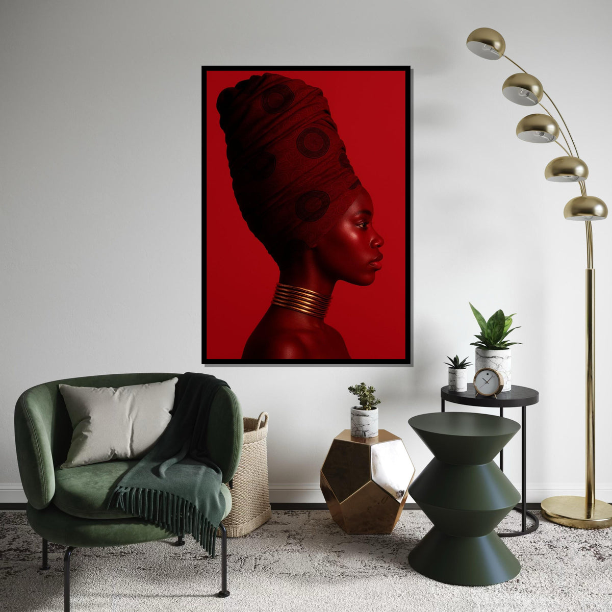 Monochrome Red Profile Canvas Print, African Woman Headwrap Art, Minimalist Color-Block Portrait, Modern Bold Wall Decor, Oil-Style Print
