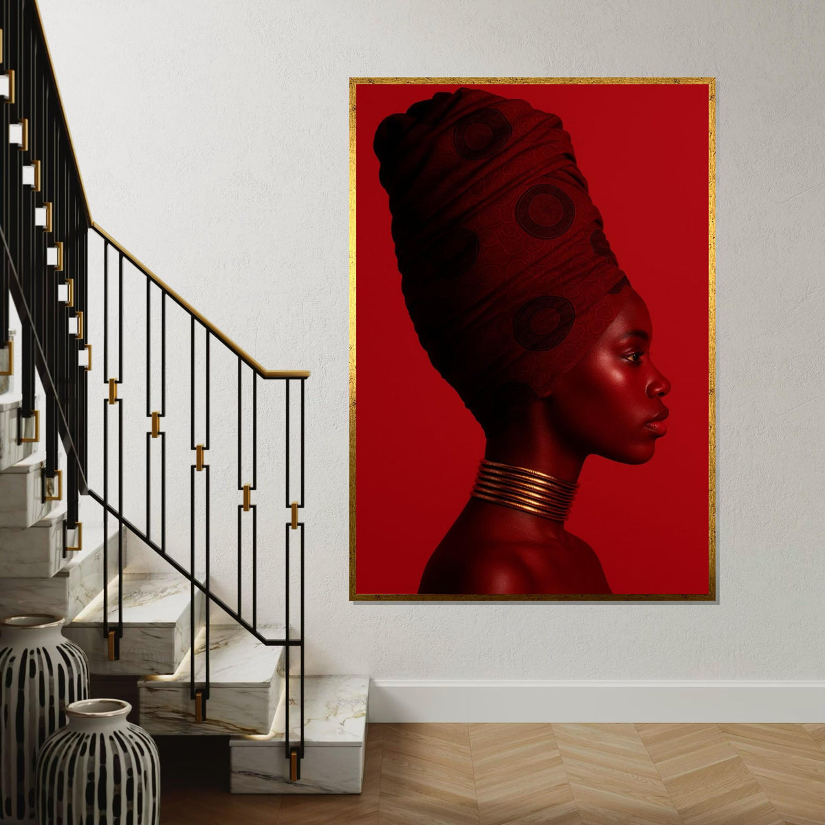 Monochrome Red Profile Canvas Print, African Woman Headwrap Art, Minimalist Color-Block Portrait, Modern Bold Wall Decor, Oil-Style Print
