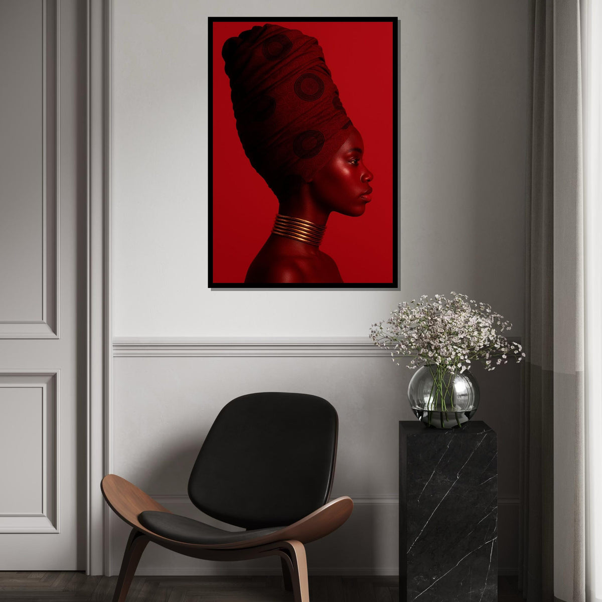 Monochrome Red Profile Canvas Print, African Woman Headwrap Art, Minimalist Color-Block Portrait, Modern Bold Wall Decor, Oil-Style Print