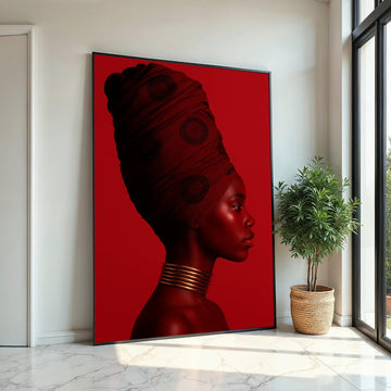 Monochrome Red Profile Canvas Print, African Woman Headwrap Art, Minimalist Color-Block Portrait, Modern Bold Wall Decor, Oil-Style Print