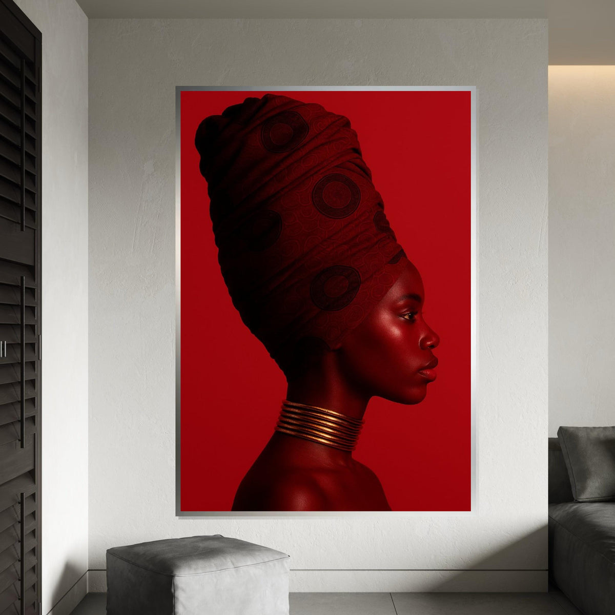 Monochrome Red Profile Canvas Print, African Woman Headwrap Art, Minimalist Color-Block Portrait, Modern Bold Wall Decor, Oil-Style Print