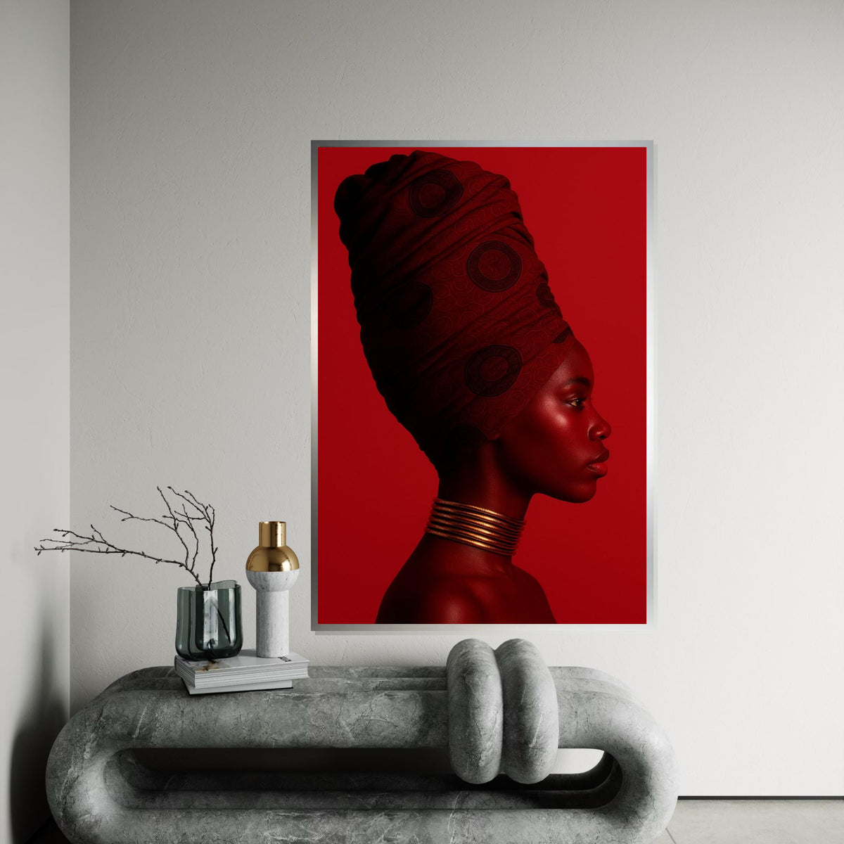 Monochrome Red Profile Canvas Print, African Woman Headwrap Art, Minimalist Color-Block Portrait, Modern Bold Wall Decor, Oil-Style Print