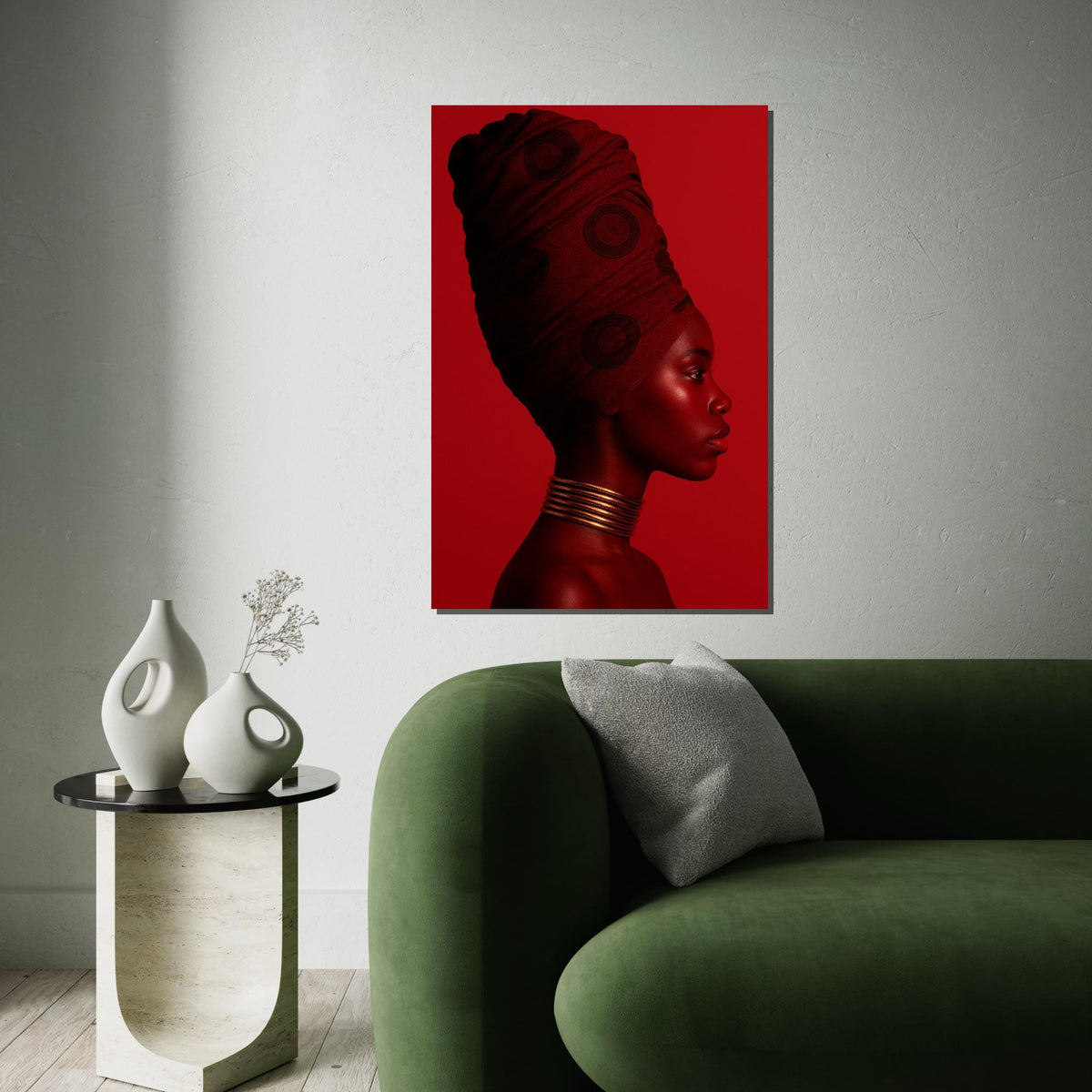 Monochrome Red Profile Canvas Print, African Woman Headwrap Art, Minimalist Color-Block Portrait, Modern Bold Wall Decor, Oil-Style Print